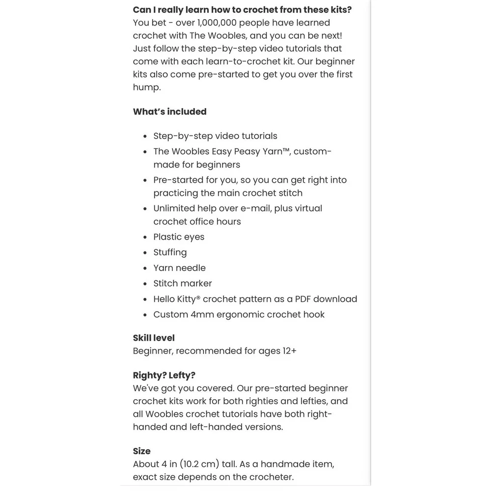 The Woobles Wobbles Crochet Kit For Beginners Hello Kitty Brand New - Picture 6 of 10